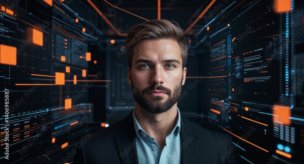 Poster caucasian man on black theme cyber data interface background design template banner with copy space