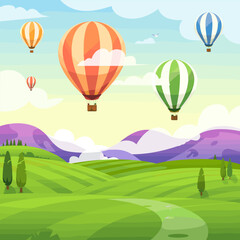 Colorful Hot Air Balloons Over Green Hills