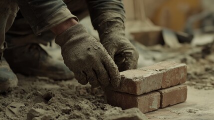 Mason laying bricks for the foundation at construction site. Featuring bricklayer skills