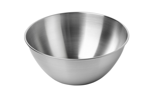 Empty stainless steel mixing bowl on white background