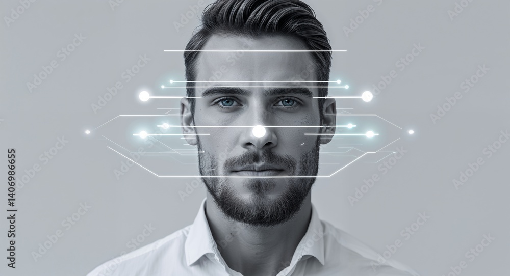 Poster caucasian man on white theme virtual signal layers background design template banner with copy space