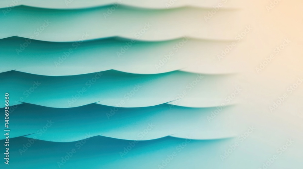 Poster layers of teal paper display gentle waves, creating a serene and calming atmosphere under soft light