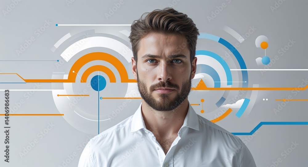Poster caucasian man on white theme virtual signal layers background design template banner with copy space