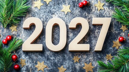 Wooden numbers arranged to represent 2027 surrounded by greenery, red berries, and golden stars, highlighting New Year festivities