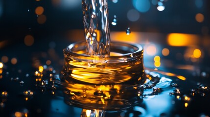 Oil being poured with golden reflections and bokeh