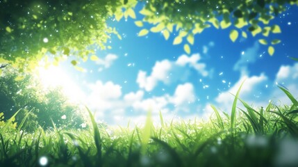 Obraz premium Bright Sunlight on Lush Green Grass and Blue Sky