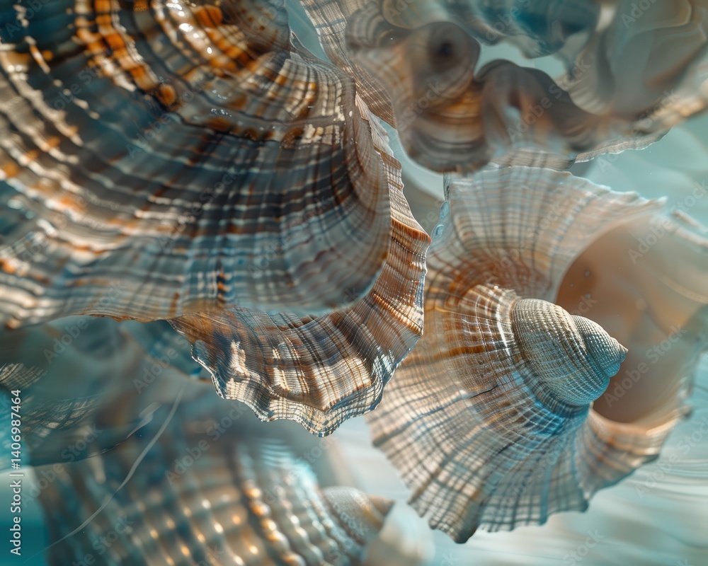 Poster abstract close-up of seashells in soft blue tones and textures