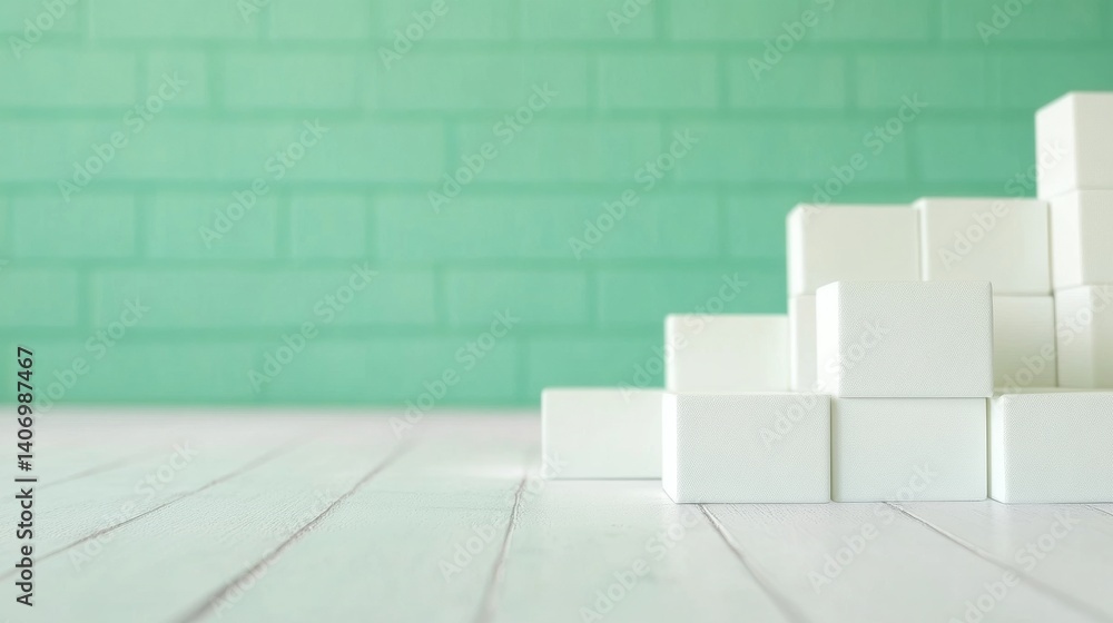 Poster white cubes are stacked creatively on a wooden floor with a refreshing green wall in the background,