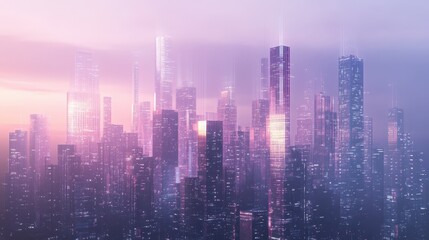 Ethereal Cityscape at Dusk with Glowing Skyscrapers in Pink Light