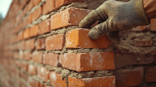 Fototapeta Mason laying bricks on a construction site wall. Featuring bricklaying craftsmanship