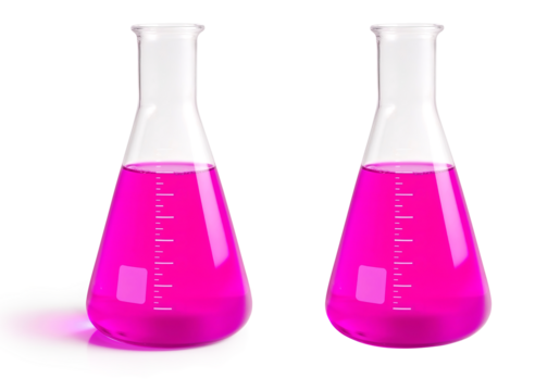Erlenmeyer flask containing vibrant pink liquid in laboratory setting
