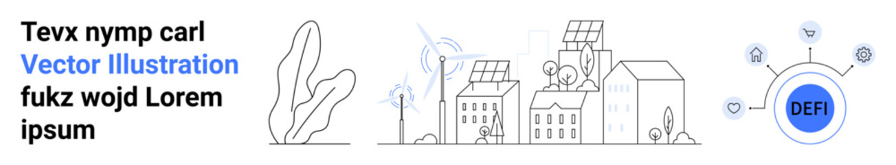 Naklejka premium Cityscape powered by solar panels and wind turbines, decentralized technology icons connected in blockchain nodes. Ideal for sustainability, renewable energy, smart city, environment, technology