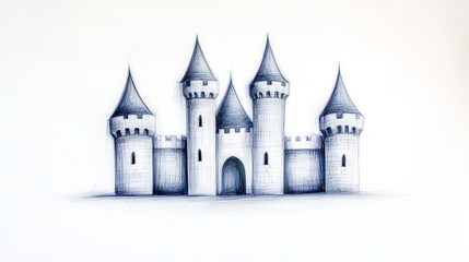 Obraz premium Medieval castle sketched with a pencil featuring five towers and gate