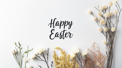 White Paper Background Texture With Dried Flowers And Copy Space and text "Happy Easter"