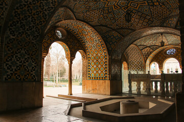 Persian architecture, Historical arches with intricate tilework​, Traditional Iranian design elements, Persian architectural details in Golestan Palace, Karimkhani Nook, Golestan Palace, Iran, Persia