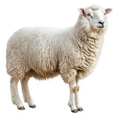 Fototapeta premium White fluffy sheep standing isolated on transparent background, side view, realistic farm animal depiction, full body