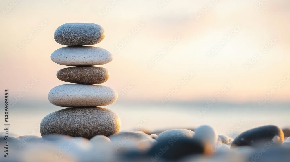 Poster smooth stones arranged in a balanced tower rest on the shore as the sun sets, creating a tranquil sc