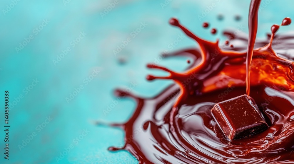Poster a dark chocolate cube drops into a pool of liquid chocolate, creating a dynamic splash on a bright t