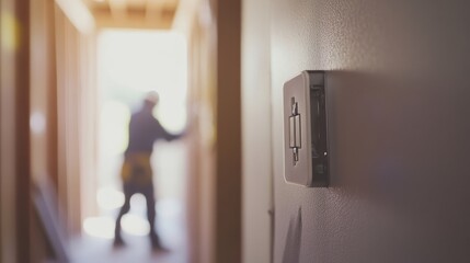 Electrician wiring a light switch in a hallway. Featuring electrical installation and home upgrades
