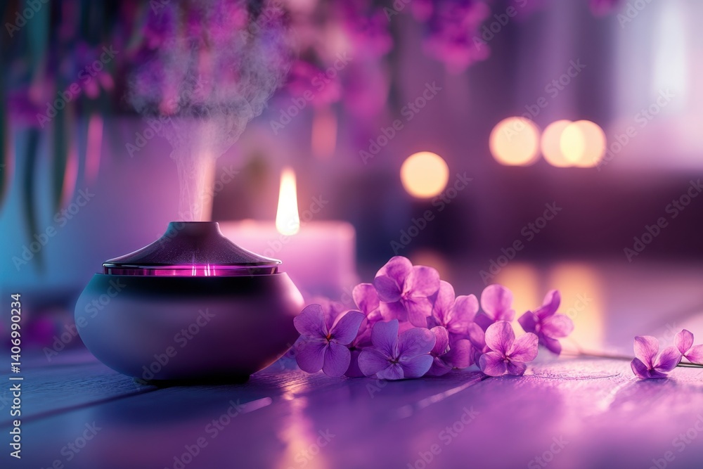 Poster relaxing atmosphere with aromatherapy diffuser and delicate flowers in soft lighting