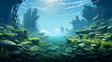 Fototapeta premium Vibrant Underwater Pixel Art Scene With Turquoise Water Coral Reefs And Lush Green Flora On Rocky Terrain With Mountain Silhouettes