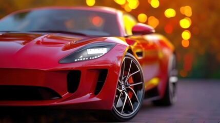 Naklejka premium A striking red sports car is parked elegantly, showcasing its sleek design and glimmering headlights amidst a backdrop of warm autumn colors