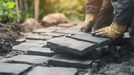 Mason laying stone tiles on a garden path. Featuring stonework