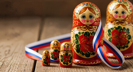 Matryoshka Dolls Family: Russian souvenir for cultural blogs, gift cards, and educational materials about Russia. Day of Russia postcards and greetings