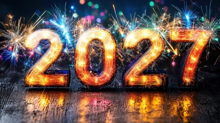 Fireworks light up the year 2027, marking a joyous New Year's celebration filled with excitement