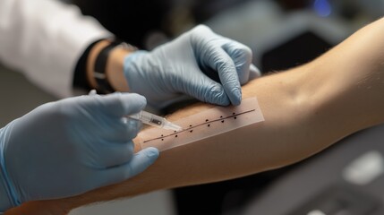 Food Allergy Action Month. Food allergy testing being performed by an allergist on a patient's arm, showing the skin prick test process with clearly visible markings.