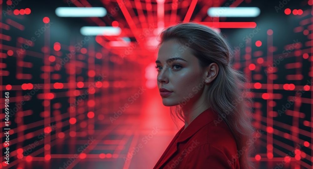 Poster caucasian woman on red theme matrix wireframe system background design template banner with copy spa