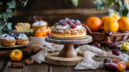 Naklejka premium Festive fruit tart on rustic holiday dessert table