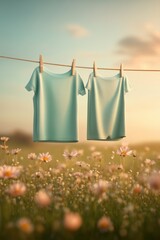 Two light blue shirts hanging on a clothesline in a sunny field filled with blooming flowers during golden hour