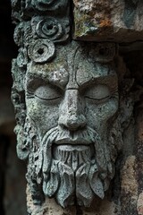 Obraz premium Stone sculpture of a bearded face with closed eyes adorns a building.