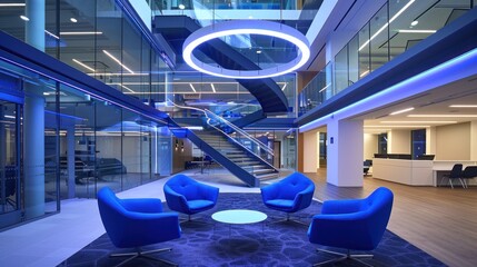 Modern hotel lobby interior design with blue accents