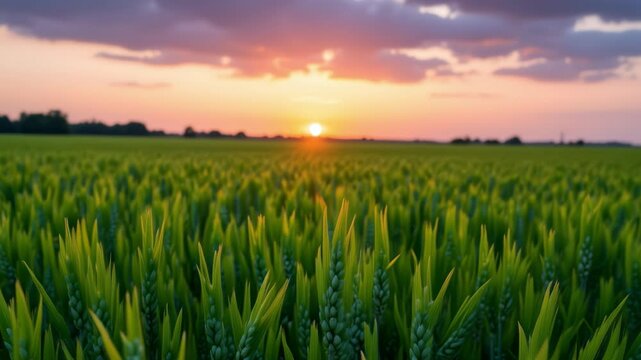 Green rice fild with evening sky