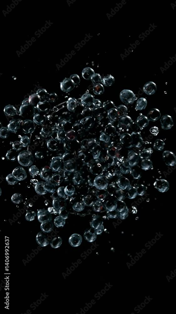 Aufkleber super slow motion of rotating blueberries with splashing water, top view. filmed on high speed cinem