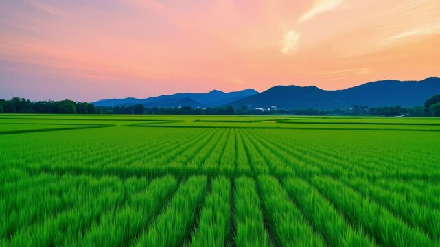Green rice fild with evening sky