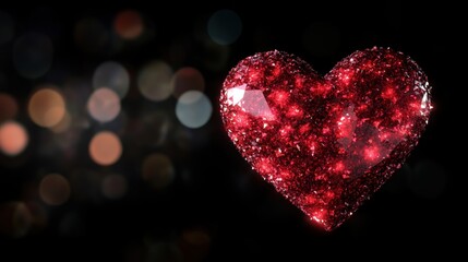 Obraz premium A vibrant red heart shaped gemstone reflects light beautifully, surrounded by a softly blurred, dark backdrop, creating a striking visual effect