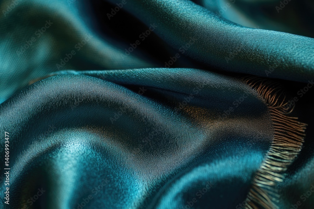 Poster close-up of teal fabric with a subtle texture and a frayed edge, showcasing its luxurious drape and 