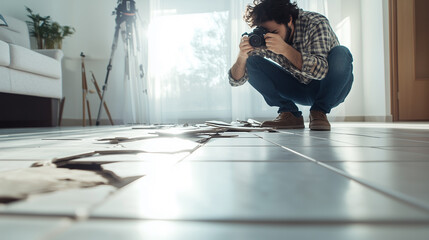 Landlord documenting broken tiles on floor in a bright living room during the afternoon