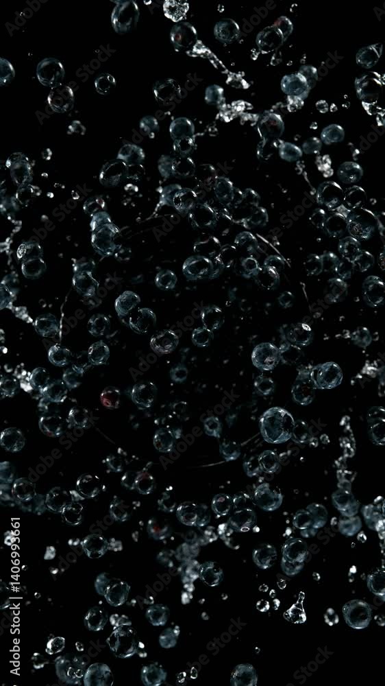 Aufkleber super slow motion of rotating blueberries with splashing water, top view. filmed on high speed cinem