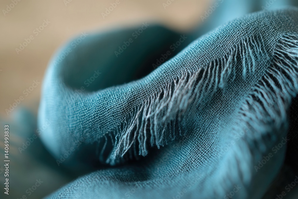 Poster close-up of teal fabric with a textured weave and frayed edges, showcasing its soft, draping quality