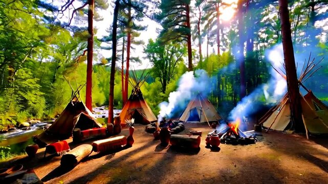 Native American Teepees Campsite: Several traditional teepees stand in a serene forest campsite, smoke rising from a central campfire.