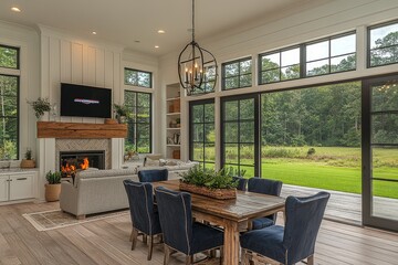 Obraz premium Spacious dining and great room with white oak flooring, dark blue chairs, farmhouse-style kitchen chairs, TV above the fireplace, and natural light from large windows overlooking a grassy yard.