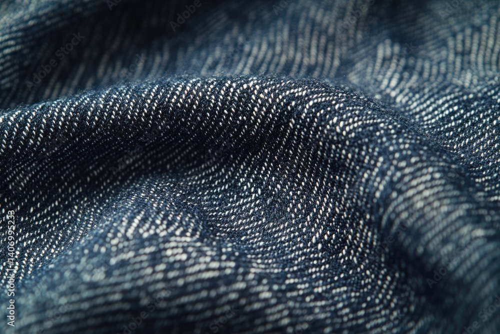 Poster close-up of textured fabric with a dark blue and white pattern, showing intricate weave and subtle f