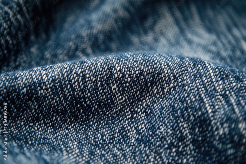 Poster close-up of textured blue denim fabric, showing intricate weave and subtle variations in color.