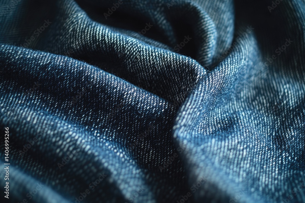 Poster close-up of textured dark blue denim fabric with a subtle pattern, showcasing its intricate weave an