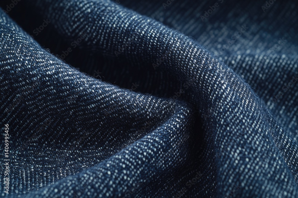 Poster close-up of a dark blue fabric with a subtle speckled pattern, showing texture and drape.