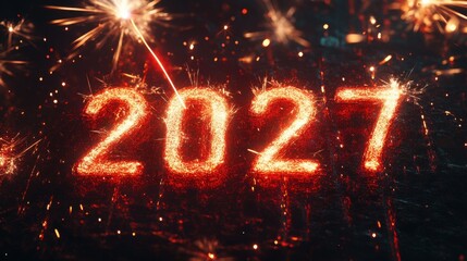 Fireworks illuminate the night sky as the year 2027 is created with sparkling lights during a celebratory event